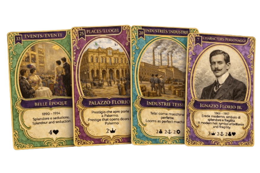 Four cards from Dinastia di Sicilia showing Belle Époque, Palazzo Florio, Industrie Tessili, and Ignazio Florio Jr.